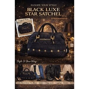 Roccobarocco Italian Black Quilted Satchel Bag Gold Star Accents Chain Detail